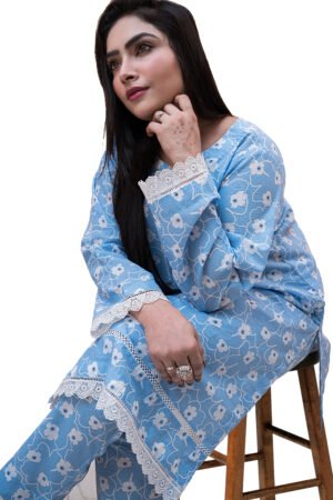 Ice Blue Flower Print Suit For Women